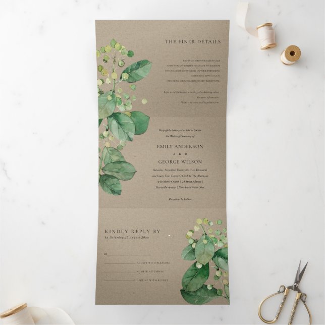 INVITATION TROIS VOLETS KRAFT BERRY LEAFY FOLIAGE MARIAGE VERT (Intérieur)