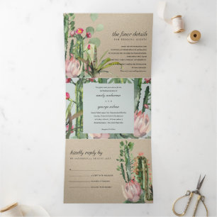 INVITATION TROIS VOLETS KRAFT GRAS CACTI FLORAL FOLIAGE MARIAGE DE COULEUR