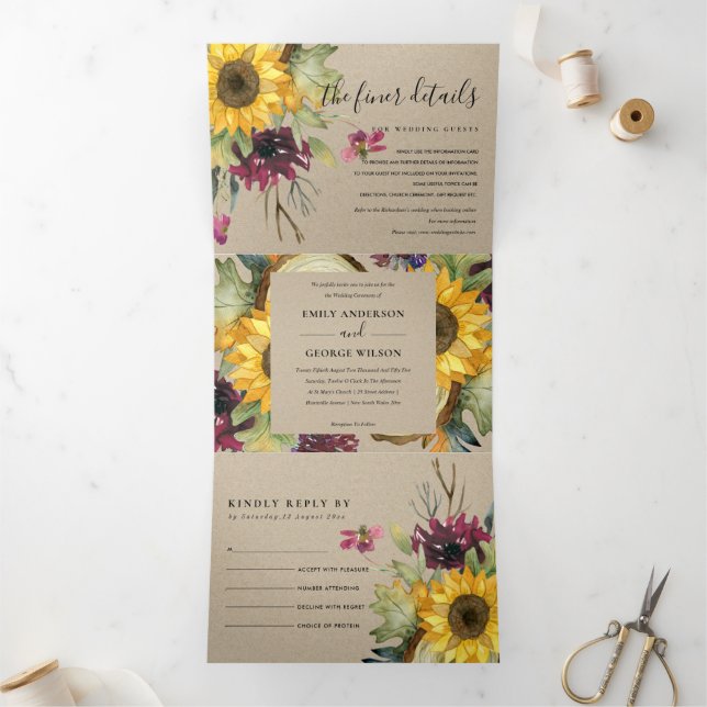 INVITATION TROIS VOLETS KRAFT SUNFLOWER BURGUNDY VIN MARIAGE FLORAL (Intérieur)