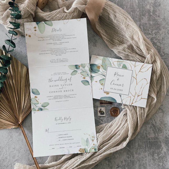 Invitation Trois Volets La verdure aérienne | Mariage arrière feuille tout (Créateur téléchargé)