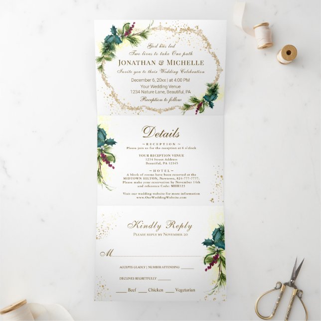 Invitation Trois Volets La verdure forestière tout en un Mariage chrétien (Intérieur)