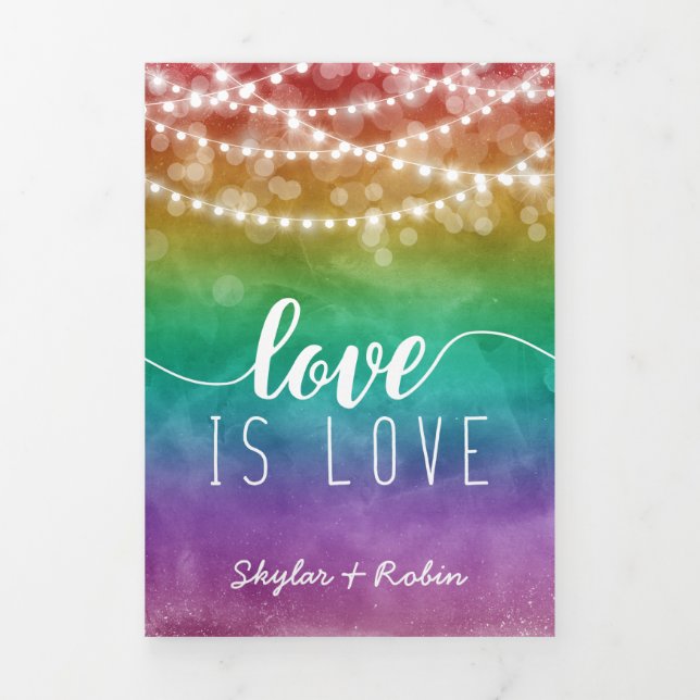 Invitation Trois Volets L'amour est amour Fairylights Rainbow Gay Mariage (Page de couverture)