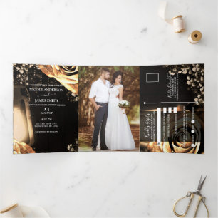 Invitation Trois Volets Lanterne et Roses d'or Romantique Rustique Mariage
