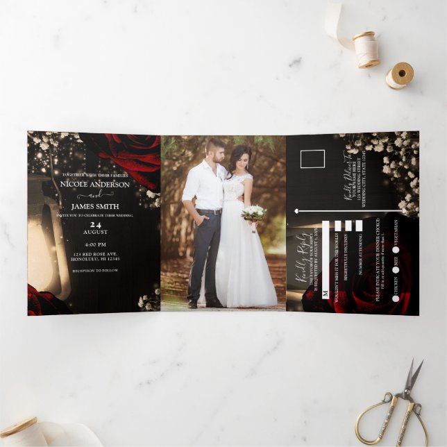 Invitation Trois Volets Lanterne & Roses rouges Romantique Rustique Mariag (Intérieur)
