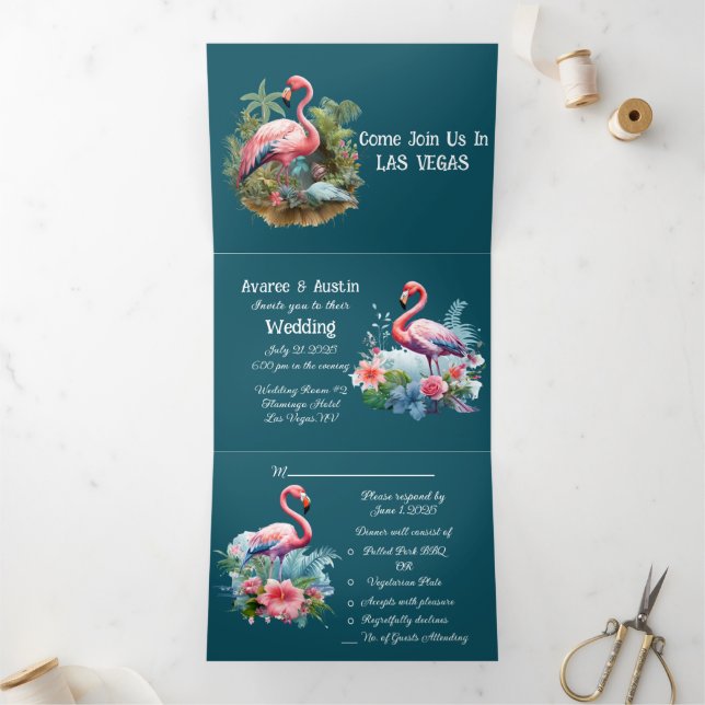 Invitation Trois Volets Las Vegas Flamants roses roses (Intérieur)