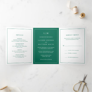 Invitation Trois Volets Lauren Emerald Green Monogramme Mariage élégant