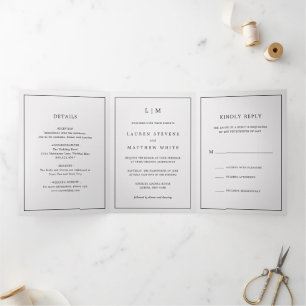 Invitation Trois Volets Lauren Silver Monogramme Mariage élégant