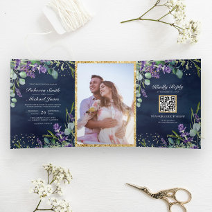 Invitation Trois Volets Lavande et Eucalyptus Marine bleu QR Code Mariage