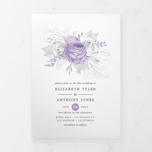 Invitation Trois Volets Lavande et Mariage floral argenté (Page de couverture)