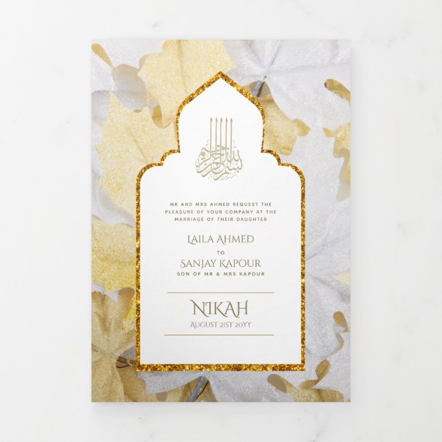 Invitation Trois Volets LeahG Gold White Islam Mariage invite (Page de couverture)