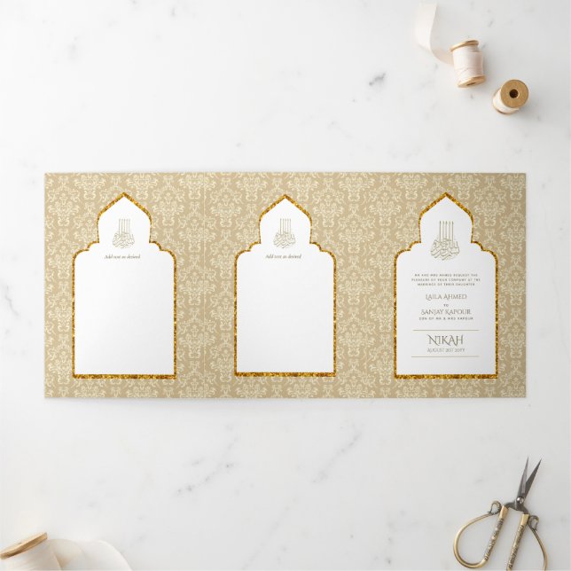 Invitation Trois Volets LeahG Gold White Islam Mariage invite (Extérieur)