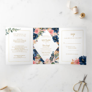 Invitation Trois Volets L'élégance sauvage   Navy Blush & Gold Mariage