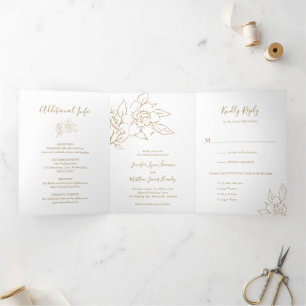 Invitation Trois Volets Ligne dorée Art Floral Élégant Mariage