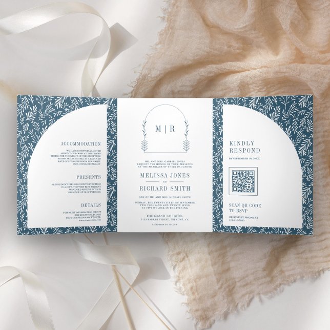 Invitation Trois Volets Ligne minimale Arche feuille d'art Mariage bleu Du (Créateur téléchargé)