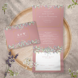 Invitation Trois Volets Lilac Foliage Dusty Rose Monogramme Mariage photo