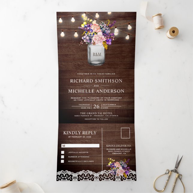 Invitation Trois Volets Lilac Rose Roses Mason Jar String Mariage (Intérieur)
