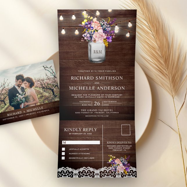 Invitation Trois Volets Lilac Rose Roses Mason Jar String Mariage (Créateur téléchargé)