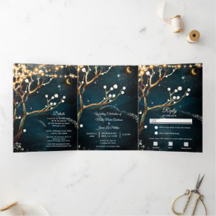 Invitation Trois Volets Lumières d'arbre de soirée rustique mariage tripty