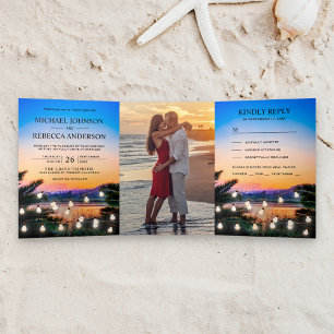 Invitation Trois Volets Lumières de Chaîne de Coucher de Soleil de Plage T