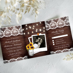 Invitation Trois Volets Lumières de corde de mariage en bois rustique de c