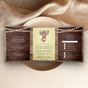 Invitation Trois Volets Lumières de forêt de cordes florales bois de cerf