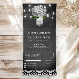 Invitation Trois Volets Lumières de mariage à cordes en pot Mason Hydrange