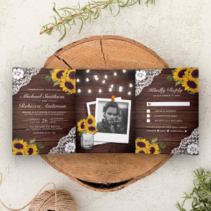 Invitation Trois Volets Lumières de mariage en corde de tournesol en dente