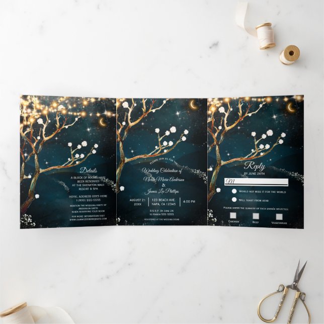 Invitation Trois Volets Lumières Rustique Soirée Arbre Triplé Mariage (Intérieur)
