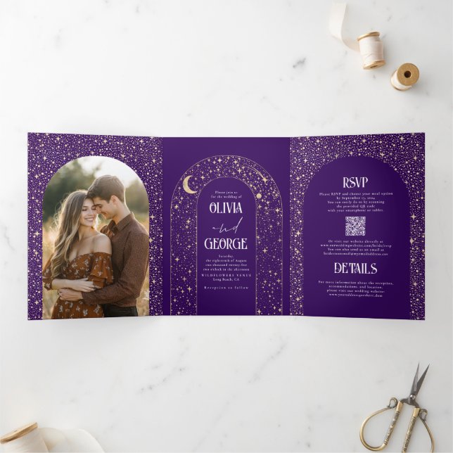 Invitation Trois Volets Lune et étoiles Arc Céleste violet Mariage photo (Intérieur)