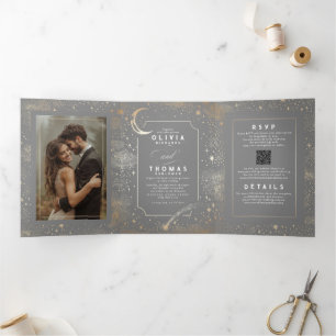 Invitation Trois Volets Lune Stars Gris céleste et Mariage d'or Photo