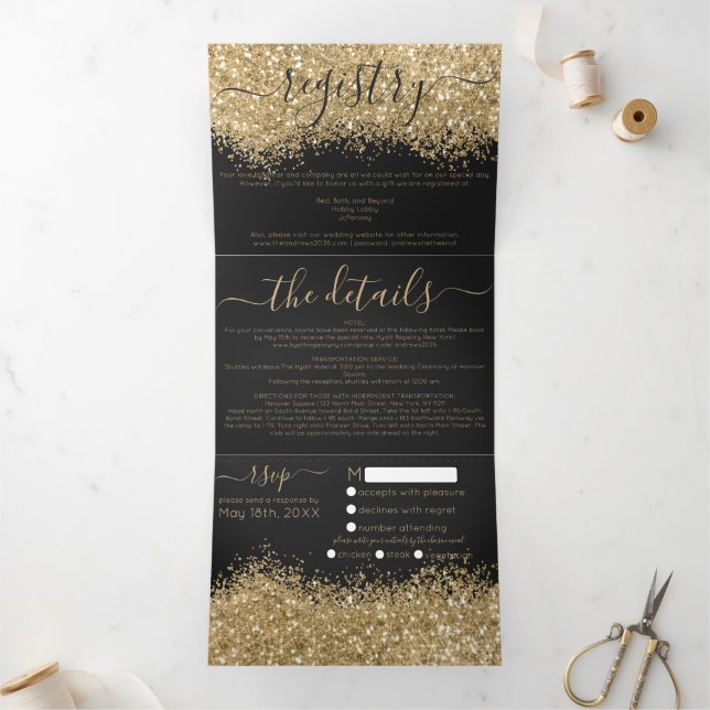 Invitation Trois Volets Luxury Gold Black Parties scintillant registre dét (Intérieur)