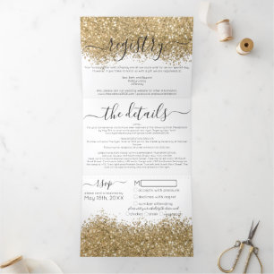 Invitation Trois Volets Luxury Gold White Parties scintillant registre dét