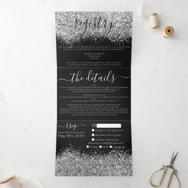 Invitation Trois Volets Luxury Silver Black Parties scintillant Registre D (Intérieur)