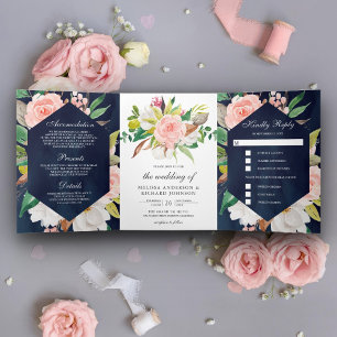 Invitation Trois Volets Magnolia blanche rose fuchsia floral bleu de maria