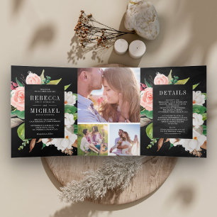 Invitation Trois Volets Magnolia Coton Teinte Rose Floral Noir Mariage