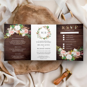 Invitation Trois Volets Magnolia en coton rose saumon florale pour mariage