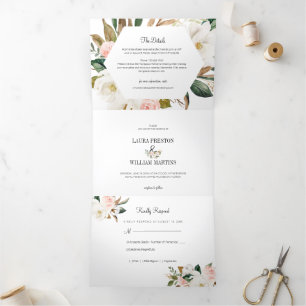 Invitation Trois Volets Magnolia florale blanche et rose vif Mariage photo
