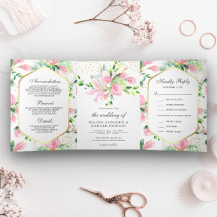 Invitation Trois Volets Magnolia Rose Printemps Floral Tout en Un Mariage