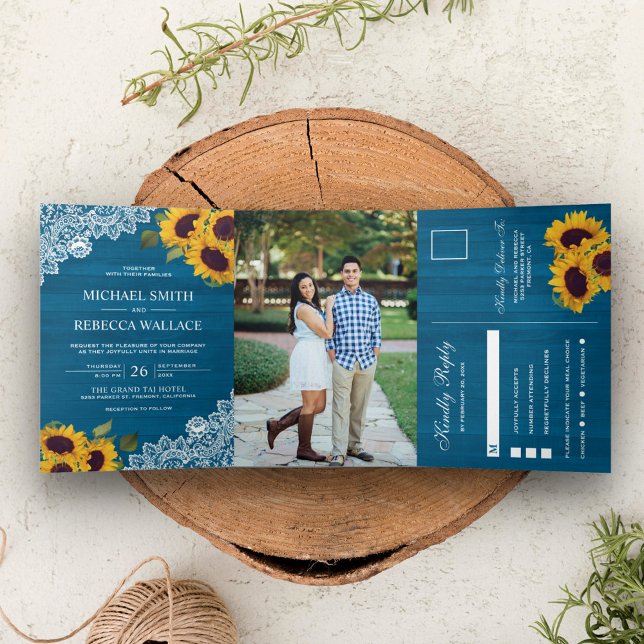 Invitation Trois Volets Malibu Blue Wood dentelle Mariage de tournesol Pho (Créateur téléchargé)