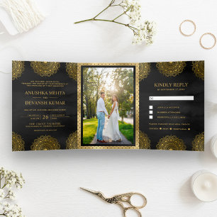 Invitation Trois Volets Mandala asiatique noir et or mariage indien