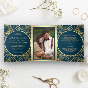 Invitation Trois Volets Mandala Ethnique Bleu et Or Mariage Indien