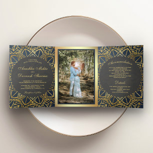 Invitation Trois Volets Mandala géométrique moderne gris or mariage indien
