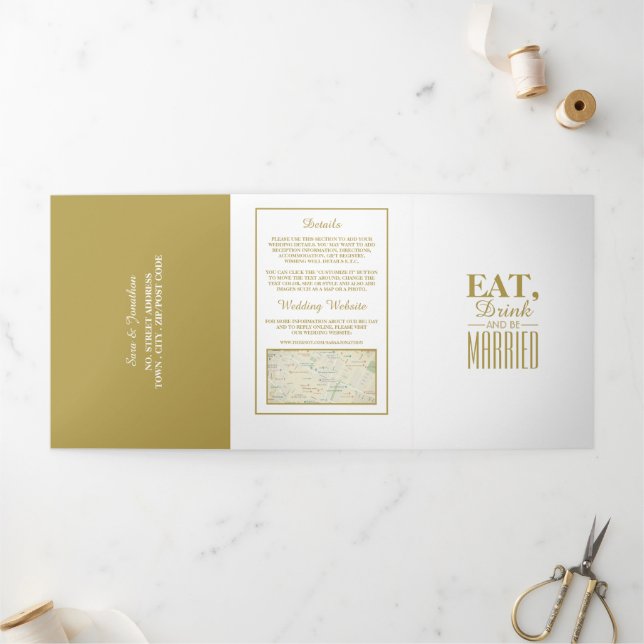Invitation Trois Volets Mangez, buvez et soyez marié White & Gold Mariage  (Extérieur)