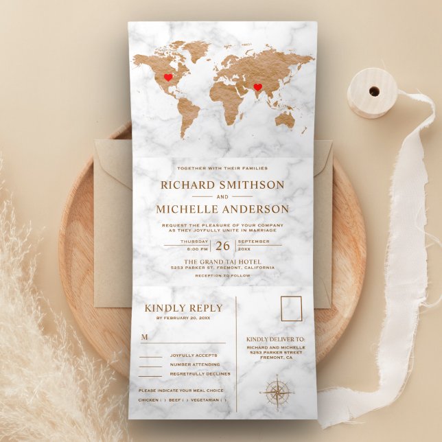 Invitation Trois Volets Marbre blanc Bronze Monde carte tout en un Mariage (Créateur téléchargé)