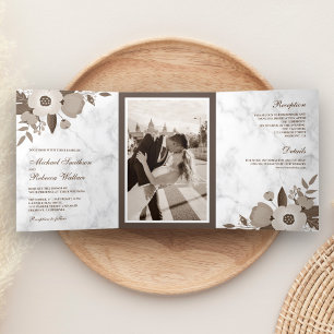 Invitation Trois Volets Marbre Blanc Floral Marron Sépia Photo Mariage
