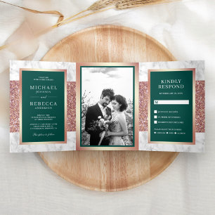 Invitation Trois Volets Marbre blanc Rose Gold Parties scintillant Mariage
