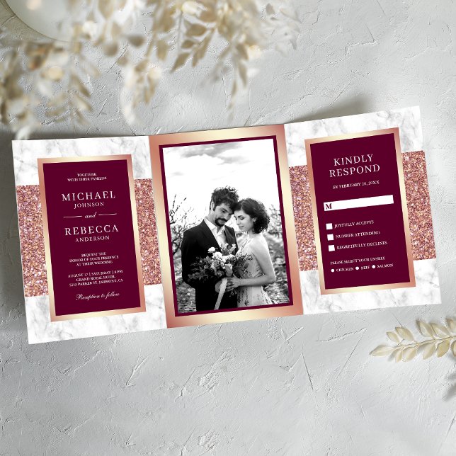 Invitation Trois Volets Marbre blanc Rose Parties scintillant or Magenta M (Créateur téléchargé)