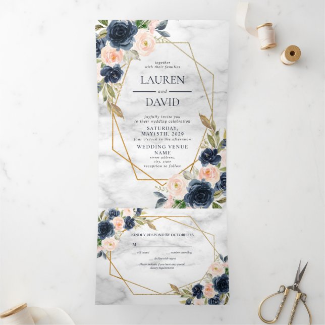 Invitation Trois Volets Marbre bleu bleu marine Marbre géométrique Floral (Intérieur)