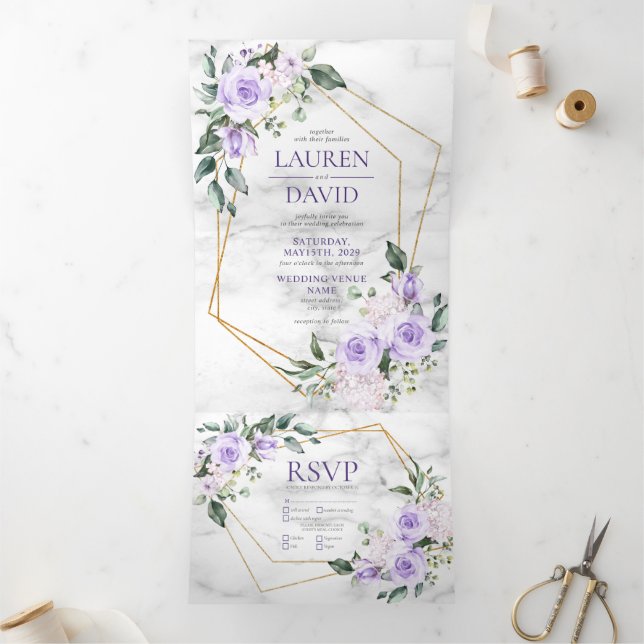 Invitation Trois Volets Marbre floral Lilac Géométrique Or tendance (Intérieur)