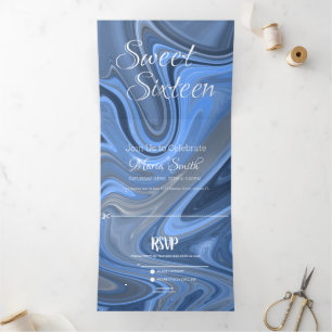 Invitation Trois Volets Marbre Liquide Sucré Élégant Bleu Agate